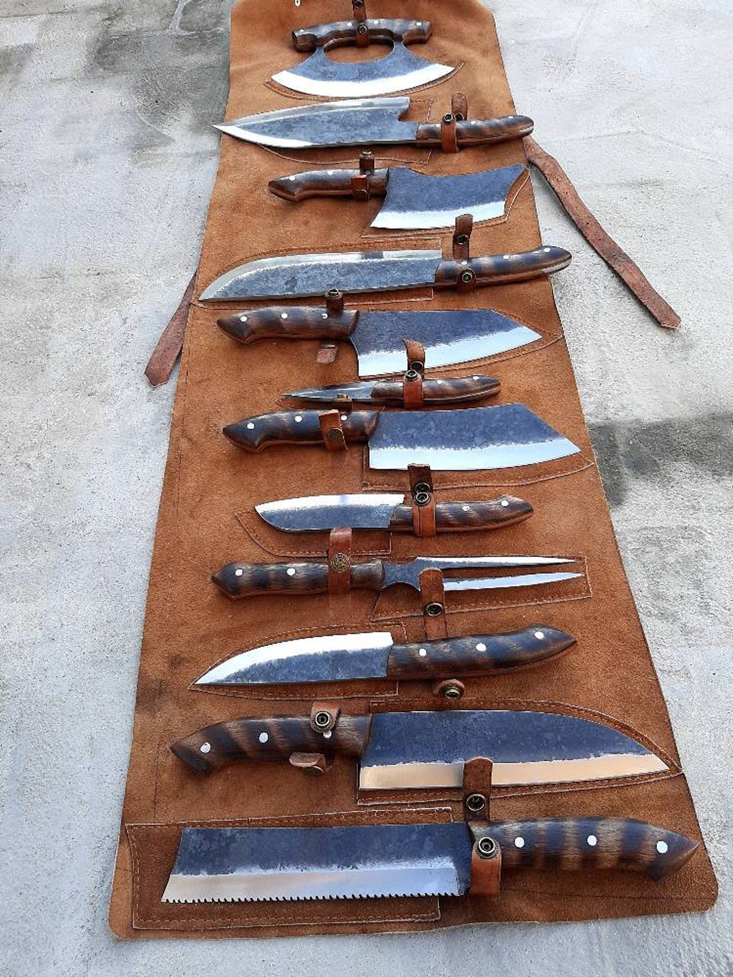 Handmade 1095 High Carbon Steel Forged Blades Complete Full Chef Knives Set of 12 Pieces Chef Set, Kitchen Knives Set & Leather Roll Bag, Mother's Day Gift, Father's Day Gift, Birthday Gift, Wedding Gift, Best Handmade Gift item, Gift for him/her