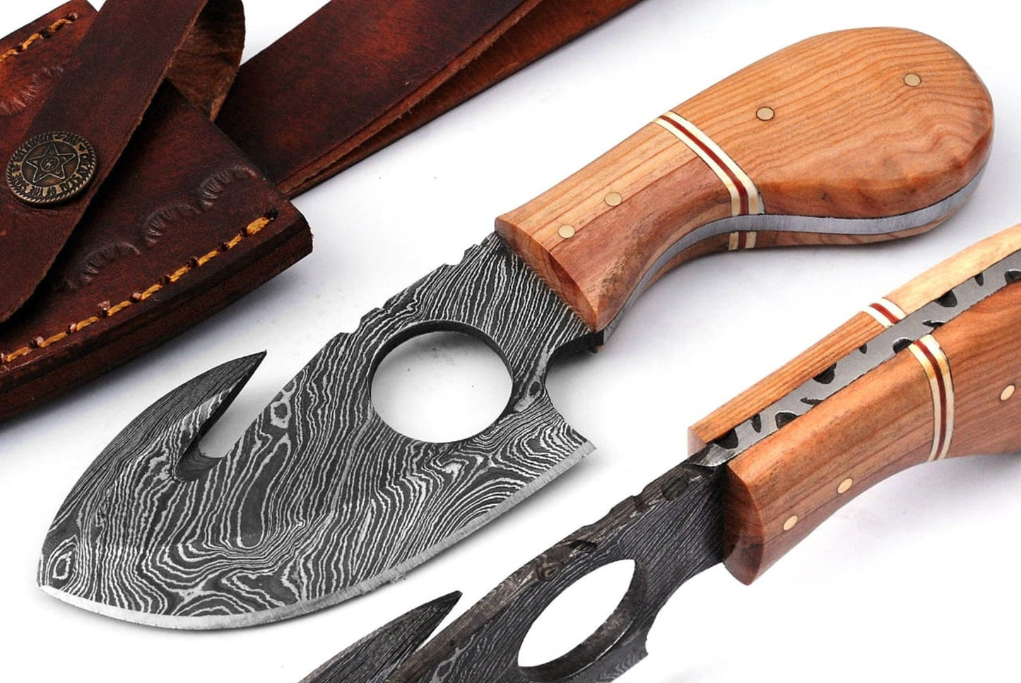 Handmade Damascus Steel Sharp Edge Blade Finger Hole Gut Hook / Hunting / Skinner Knife