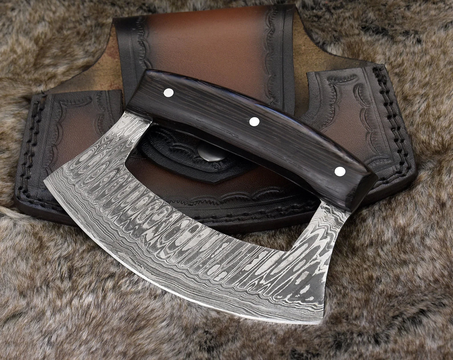 Beautiful Custom Handmade Damascus Steel Ulu Knife With Unique Handle Come With Leather Sheath