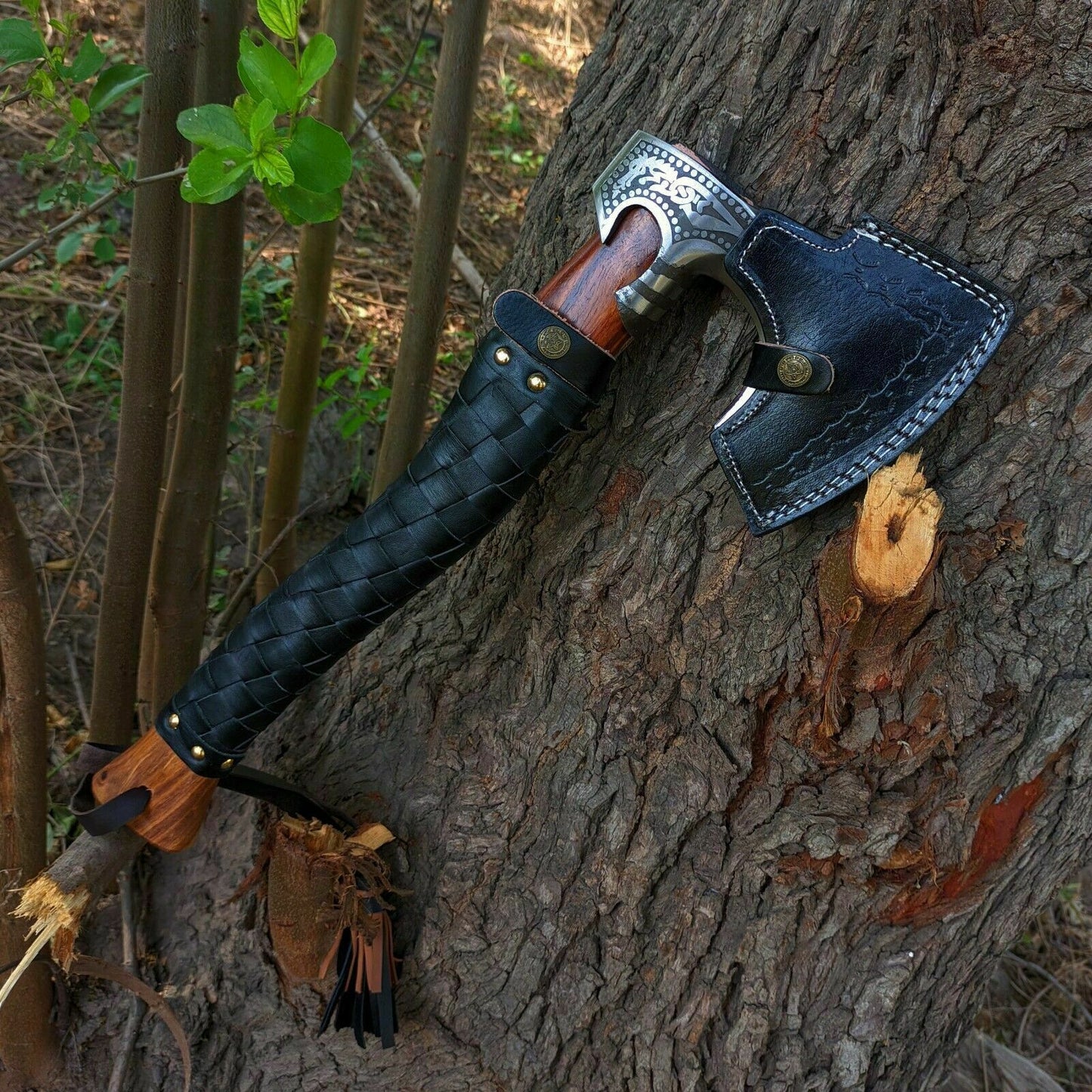 Custom Handmade Etched Blade Carbon steel Viking Axe with Rose Wood handle, Viking axe with sheath Best Birthday Anniversary gift for him Independence Day Gift