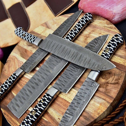 Handmade Gift Damascus Steel Chef Knife Set of 5 PCs, Damascus Kitchen Knife Set, BBQ Camping Knives, Mother Day Gift, Best Christmas Gift, Thanksgiving Gift, Best Handmade Gift item, Gift for him/her