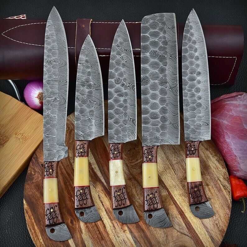 Custom Handmade Damascus Chef set Of 5pcs Come With Leather Kit,Kichten Knife, Damascus Knife Set, Kitchen knives set, Best handmade gift item