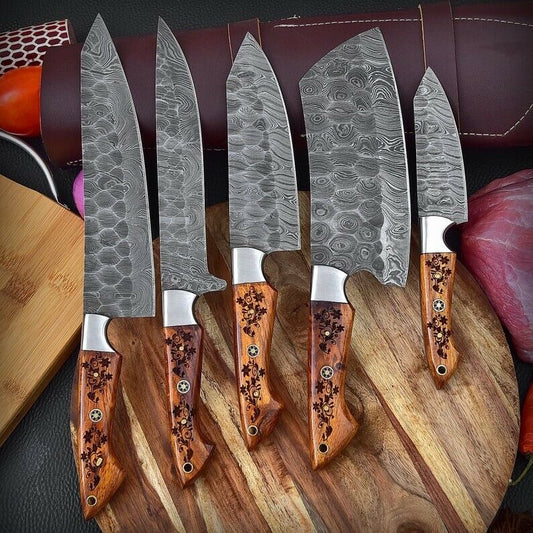 Handmade Damascus Chef set of 5pcs With Leather Sheath, Damascus Knife Set, Damascus Chef Knife, Kitchen Knife Set, Damascus Chef Set