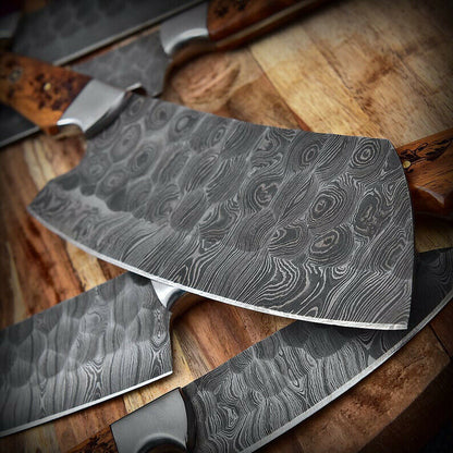 Handmade Damascus Chef set of 5pcs With Leather Sheath, Damascus Knife Set, Damascus Chef Knife, Kitchen Knife Set, Damascus Chef Set