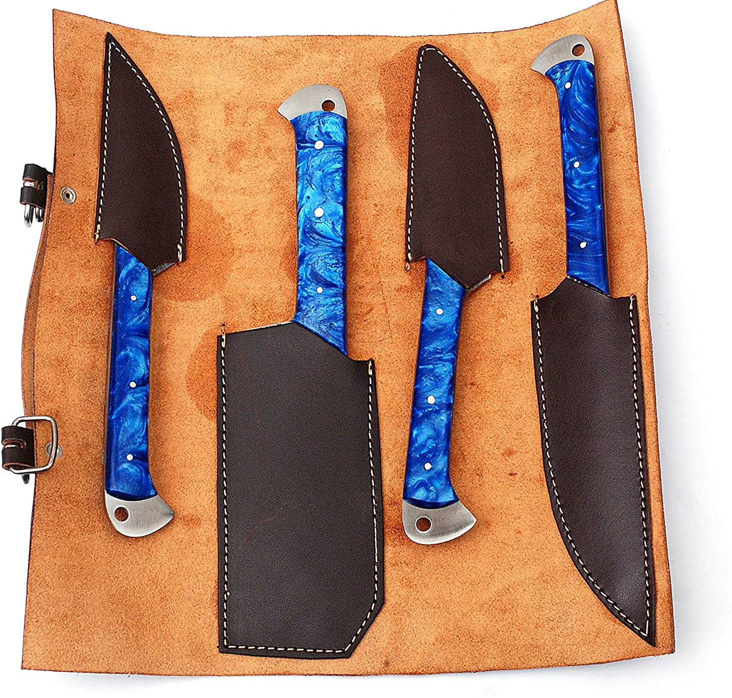 Handmade Damascus Chef set of 4Pcs With Leather Sheath, Damascus Knife Set, Damascus Chef Knife, Kitchen Knife Set, Damascus Chef Set