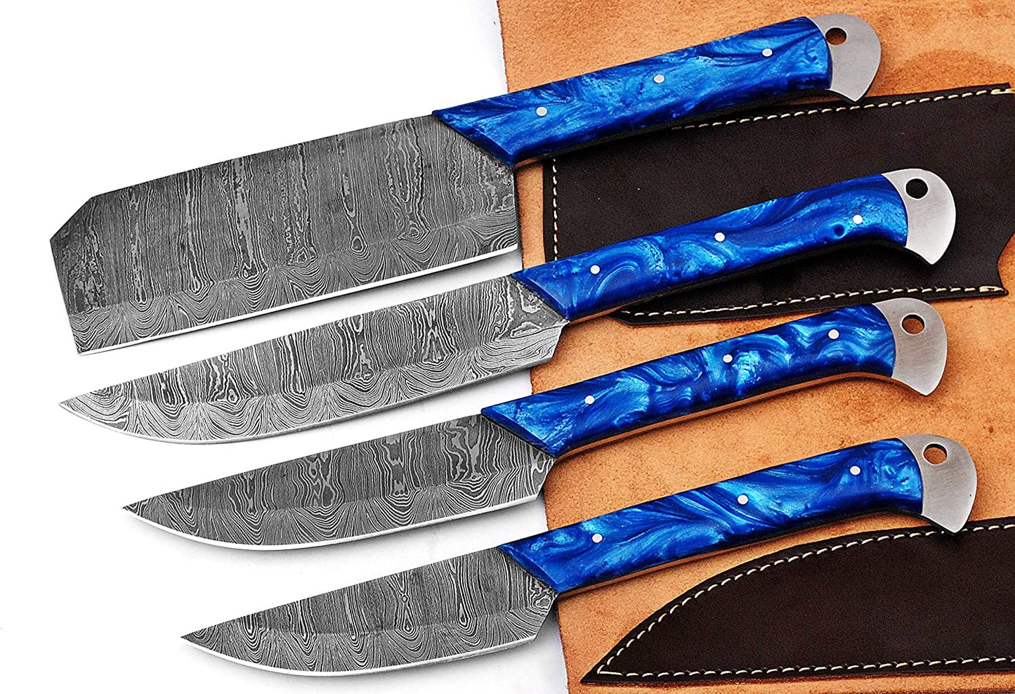 Handmade Damascus Chef set of 4Pcs With Leather Sheath, Damascus Knife Set, Damascus Chef Knife, Kitchen Knife Set, Damascus Chef Set