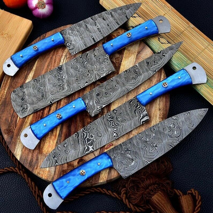 Handmade Damascus Chef Knife Set of 5Pcs Gift for Husband Kitchen Knife Groomsmen Gift Lover Gift for Mother