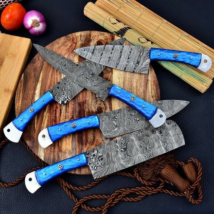 Handmade Damascus Chef Knife Set of 5Pcs Gift for Husband Kitchen Knife Groomsmen Gift Lover Gift for Mother