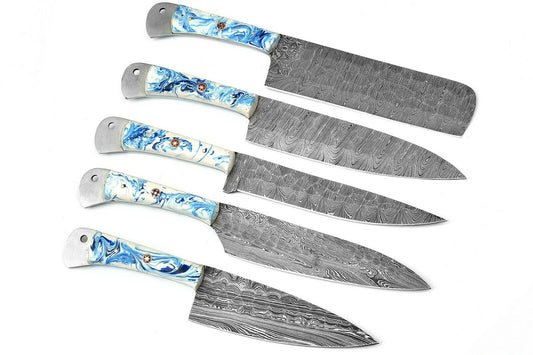 Handmade Damascus Chef Knife Set of 5Pcs Gift for Husband Kitchen Knife Groomsmen Gift Lover Gift for dad