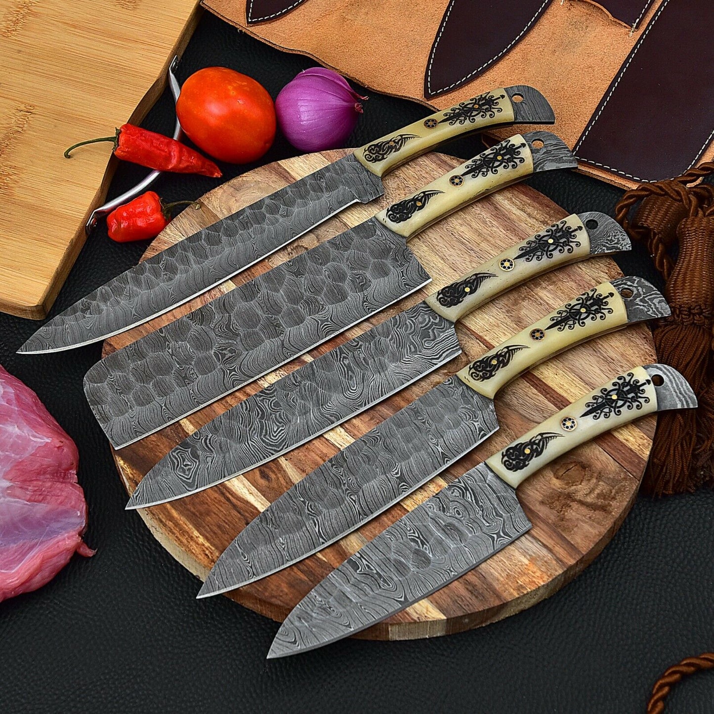 Custom Handmade Chef Knives Set / Kitchen Knives Set / 5Pcs Chef Set / Damascus Blades Chef Knives Set / BBQ Knives Set / Best handmade gift item / Mother Day Gift / Professional Chef For Gift