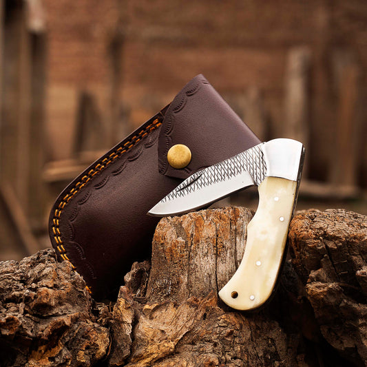 Custom Handmade 1095 Stainless Steel Pocket Most Beautiful Folding Knife Camel Bone Handle, Pocket Outdoor Liner-Lock Knife, Leather Sheath