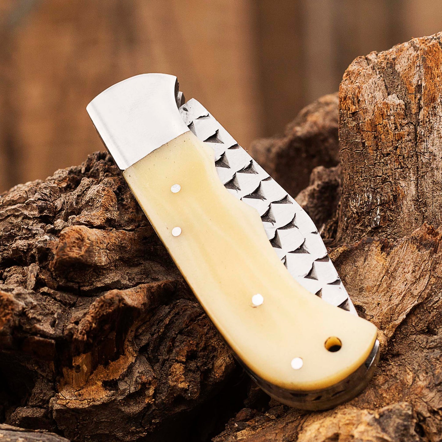 Custom Handmade 1095 Stainless Steel Pocket Most Beautiful Folding Knife Camel Bone Handle, Pocket Outdoor Liner-Lock Knife, Leather Sheath