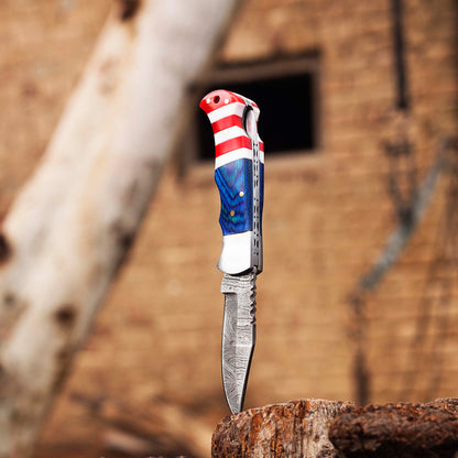 Damascus Pocket knife, Folding blade, Every Day Carry Knife , Damascus Folder, Best Gift For Him, USA Flag Handle Knife, American Flag Handle Pocket / Folding Knives Handmade Knife for Men USA