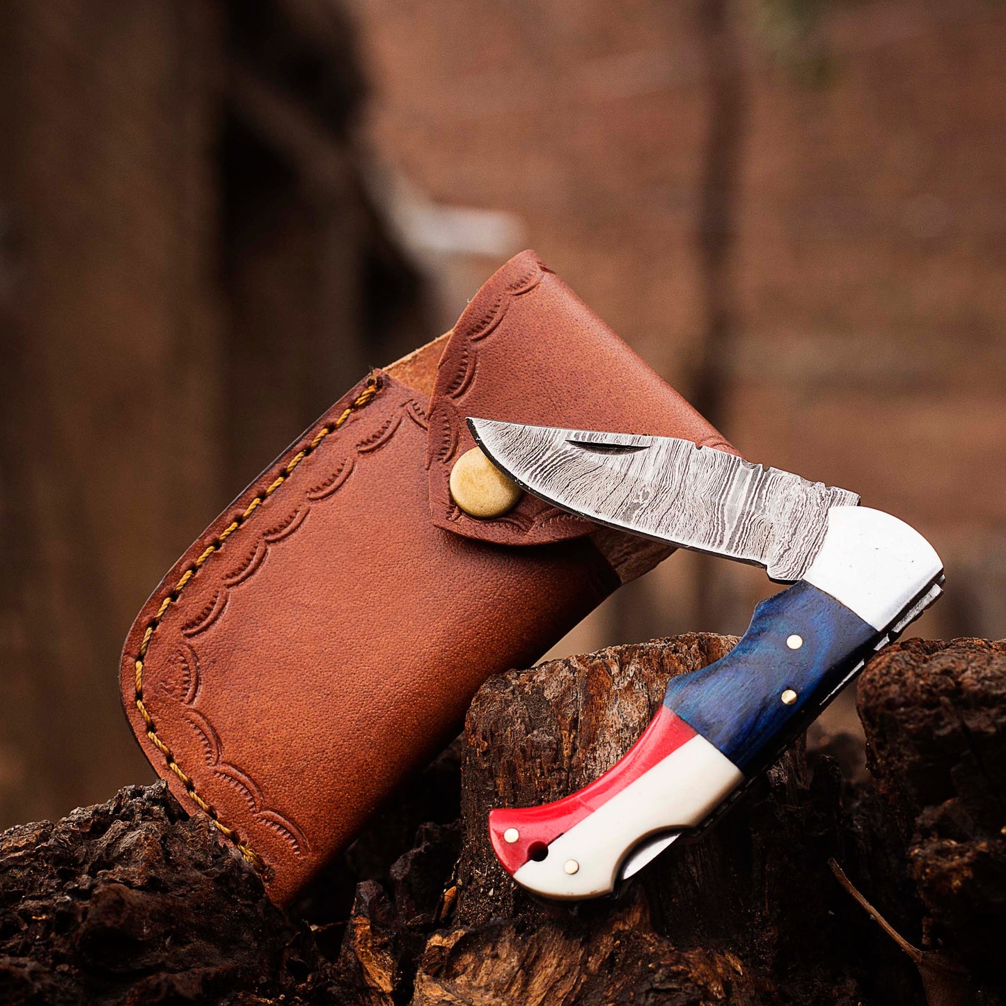 Handmade Damascus Pocket Knife, Texas Flag Folding Knife, Outdoor Survival Knife With Leather Sheath - Groomsmen Gift, Anniversary Gift