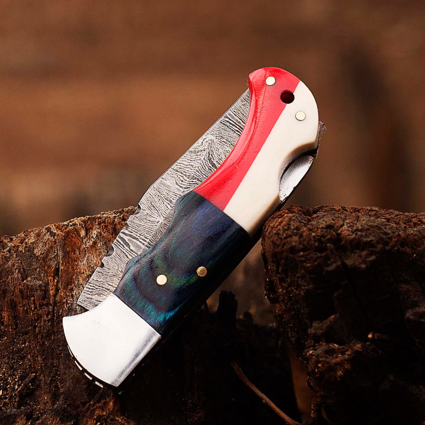 Handmade Damascus Pocket Knife, Texas Flag Folding Knife, Outdoor Survival Knife With Leather Sheath - Groomsmen Gift, Anniversary Gift