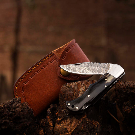 Handmade Damascus Pocket Knife, Folding Knife, Bull Horn Handle, Personalized Gift, Gift For Him USA