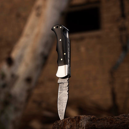 Handmade Damascus Pocket Knife, Folding Knife, Bull Horn Handle, Personalized Gift, Gift For Him USA