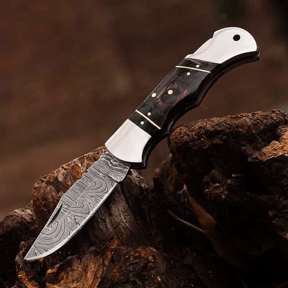 Personalized Damascus Pocket Folding Knife 6.5", Camping Hiking Damascus Pocket Knife, Groomsmen Gift, Gift for Husband, Gift for Him