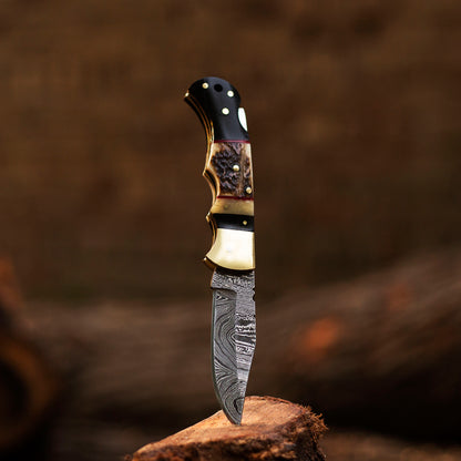 Handmade Damascus Steel Pocket Folding Knife 6.5", Real Stag Horn Handle, Damascus Fold Blade, Groomsman Gift, Camping Hiking Pocket Knife.