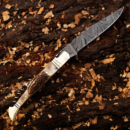 Handmade Damascus Steel Folding Knife, Hand Forged Pocket Knife, Everyday Carry Knife, Antler Handle, Gift For Him, Gift For Her USA