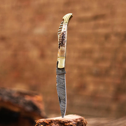 Handmade Damascus Steel Folding Knife, Hand Forged Pocket Knife, Everyday Carry Knife, Antler Handle, Gift For Him, Gift For Her USA