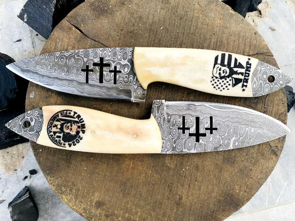 2Pcs Damascus Custom Handmade Trump Hunting Fixed Blade Camping Survival Knife, Skinner Knife, Outdoor hand crafted Knives Gifts For Men USA