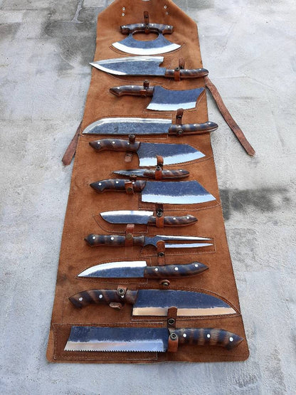 Handmade 1095 High Carbon Steel Forged Blades Complete Full Chef Knives Set of 12 Pieces Chef Set, Kitchen Knives Set & Leather Roll Bag, Mother's Day Gift, Father's Day Gift, Birthday Gift, Wedding Gift, Best Handmade Gift item, Gift for him/her