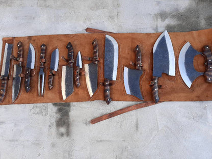 Handmade 1095 High Carbon Steel Forged Blades Complete Full Chef Knives Set of 12 Pieces Chef Set, Kitchen Knives Set & Leather Roll Bag, Mother's Day Gift, Father's Day Gift, Birthday Gift, Wedding Gift, Best Handmade Gift item, Gift for him/her