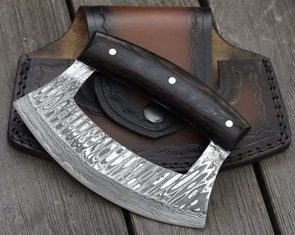 Beautiful Custom Handmade Damascus Steel Ulu Knife With Unique Handle Come With Leather Sheath