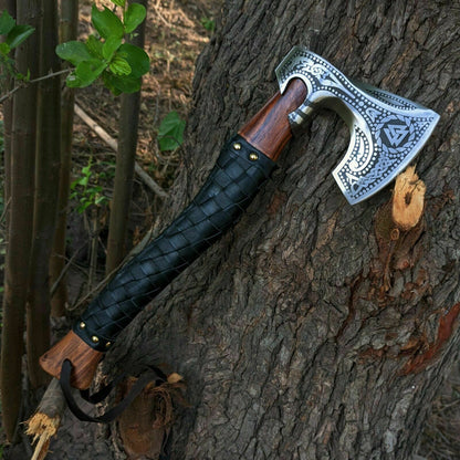 Custom Handmade Etched Blade Carbon steel Viking Axe with Rose Wood handle, Viking axe with sheath Best Birthday Anniversary gift for him Independence Day Gift